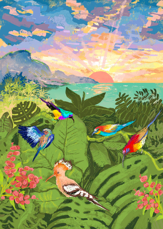 digital painting of brightly coloured birds on jungle leaves, with a warm beautiful sunrise behind them